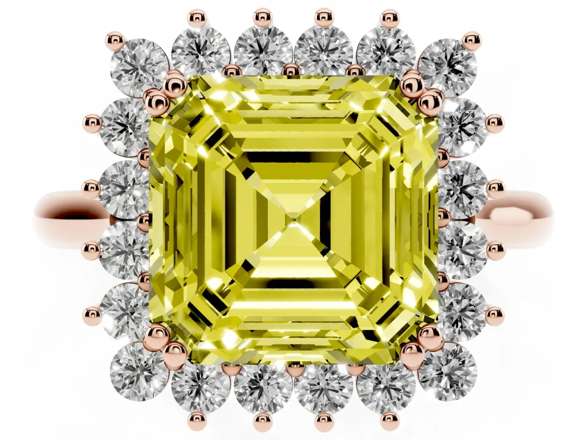 Fancy Yellow Asscher Cut Cut Diamond Halo Ring with Solitaire Band and Prong Setting Rose gold