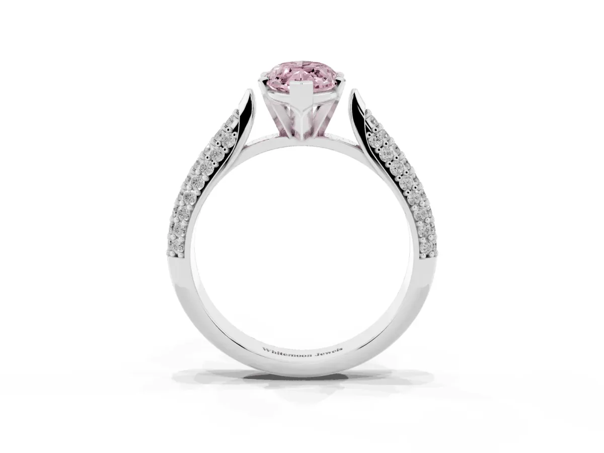 Fancy Pink Marquise Cut Diamond Solitaire Engagement Ring with Multi-Row Round Pavé Band and Prong Setting Silver