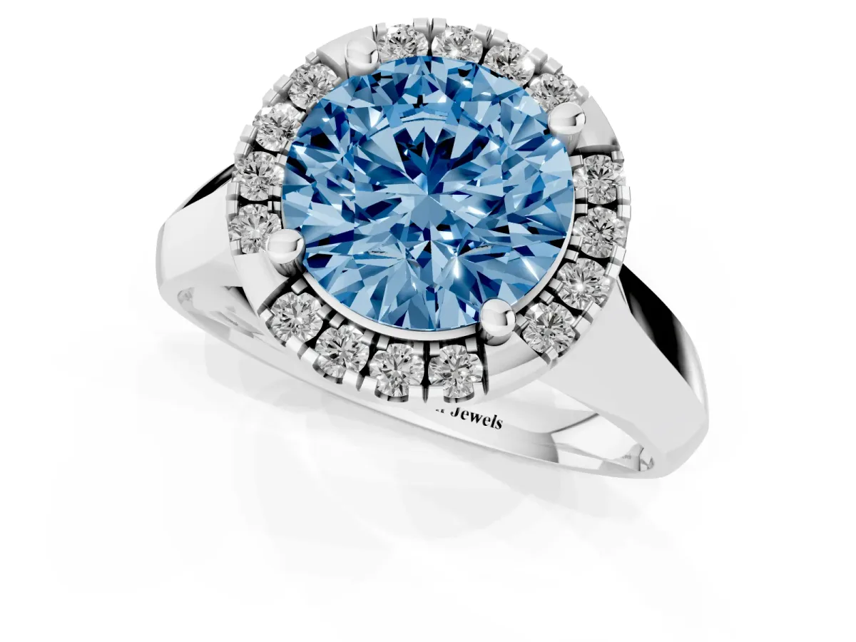 Fancy Blue Round Cut Cut Halo Solitaire Engagement Ring with Square Band and Four-Prong Setting Silver