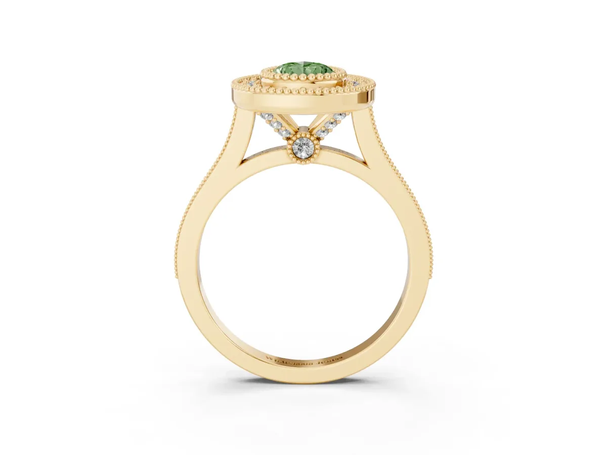 Fancy Green Pear Cut Diamond Halo Ring with Milgrain Frame and Pavé Band Yellow gold