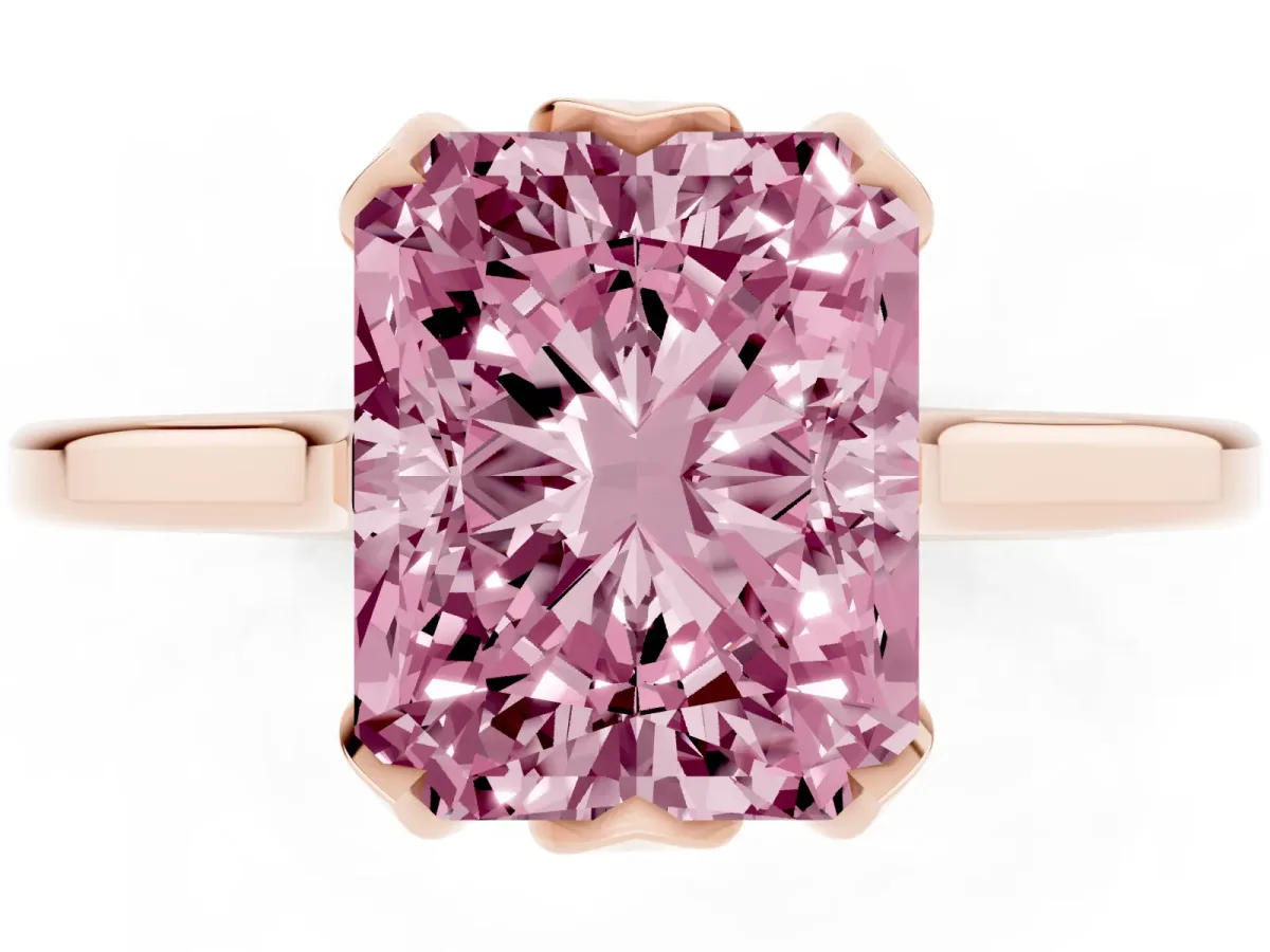 Fancy Pink Radiant Cut Diamond Solitaire Ring with Flower Prong Setting and Classic Band Rose gold
