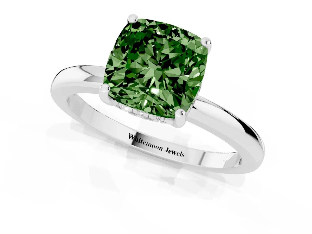 Fancy Green Cushion Cut Solitaire Diamond Ring with Prong Setting and Plain Band Silver