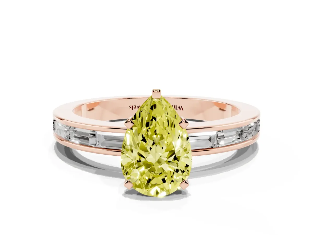 Fancy Yellow Pear Cut Solitaire Diamond Ring with Channel-Set Baguette Band and Four-Prong Setting Rose gold