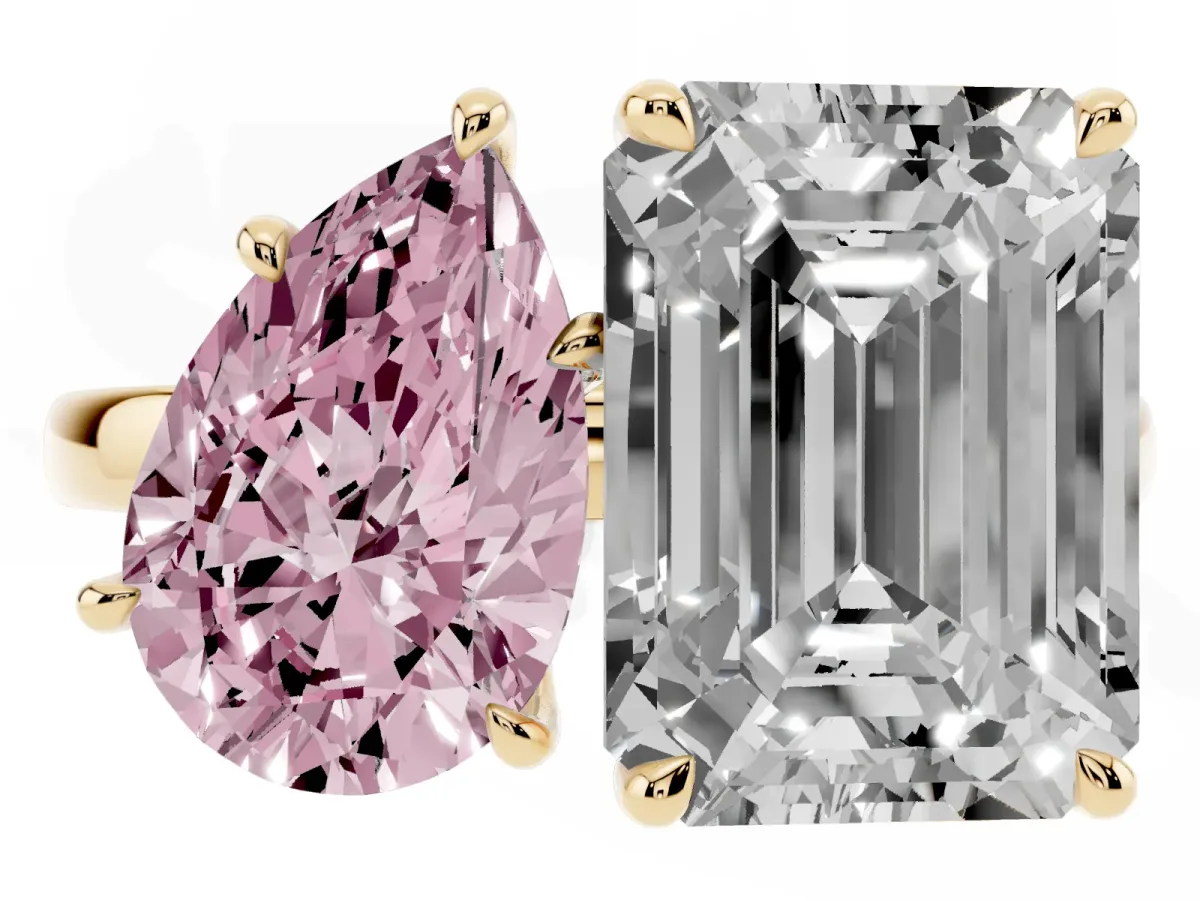 Fancy Pink Pear Cut and Emerald Cut Toi Moi Ring with Prong Setting Yellow gold