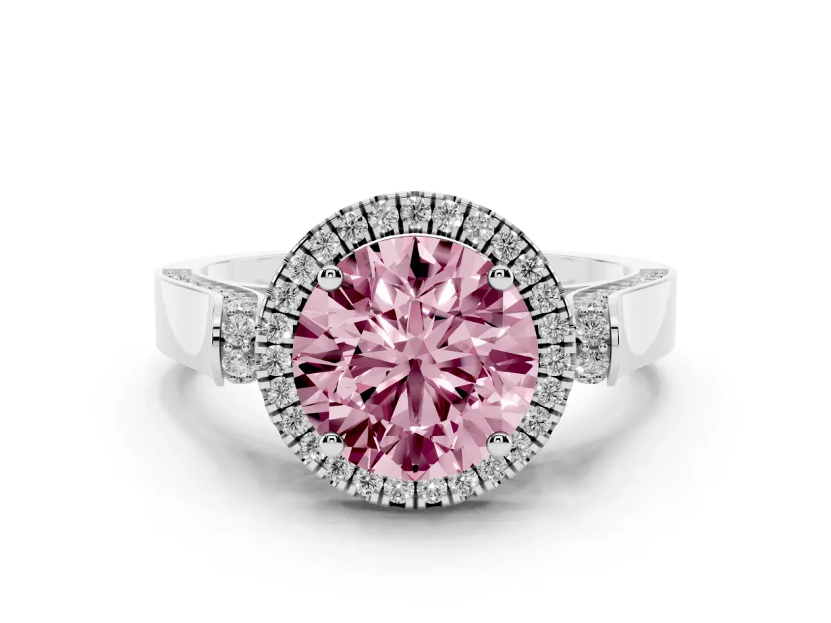 Fancy Pink Round Cut Halo Round Diamond Twist Band with Four-Prong Setting White gold