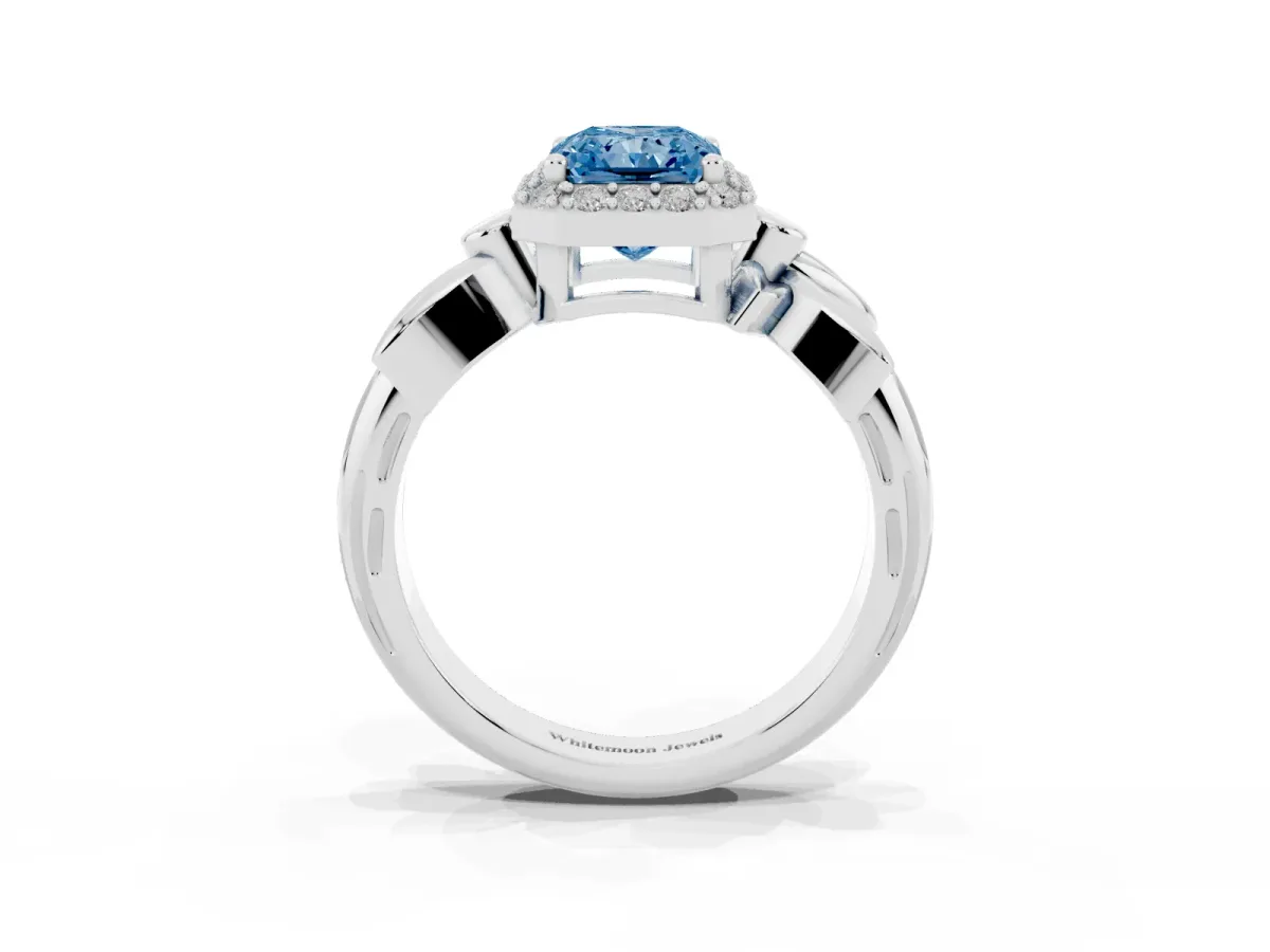 Fancy Blue Radiant Cut Halo Diamond Floral Band with Four-Prong Setting White gold