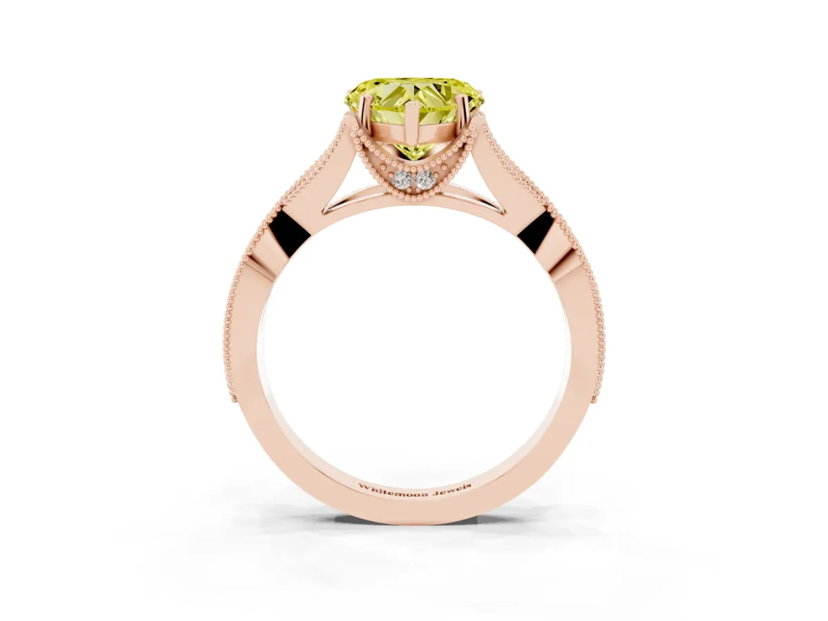 Fancy Yellow Heart Cut Cut Diamond Twisted Band with Milgrain Pave Setting and Four-Prong Setting Rose gold