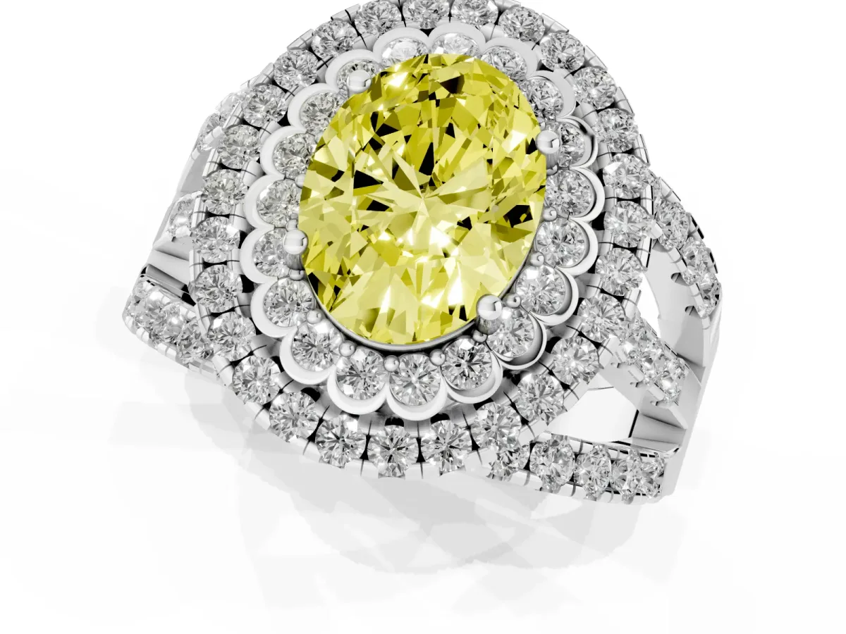 Fancy Yellow Oval Cut Diamond Double Halo Ring with Round Pavé Split Shank and Prong Setting Silver