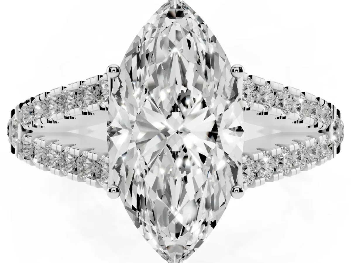 Marquise Cut Diamond Split Shank Engagement Ring with Round Pavé and Prong Setting Platinum