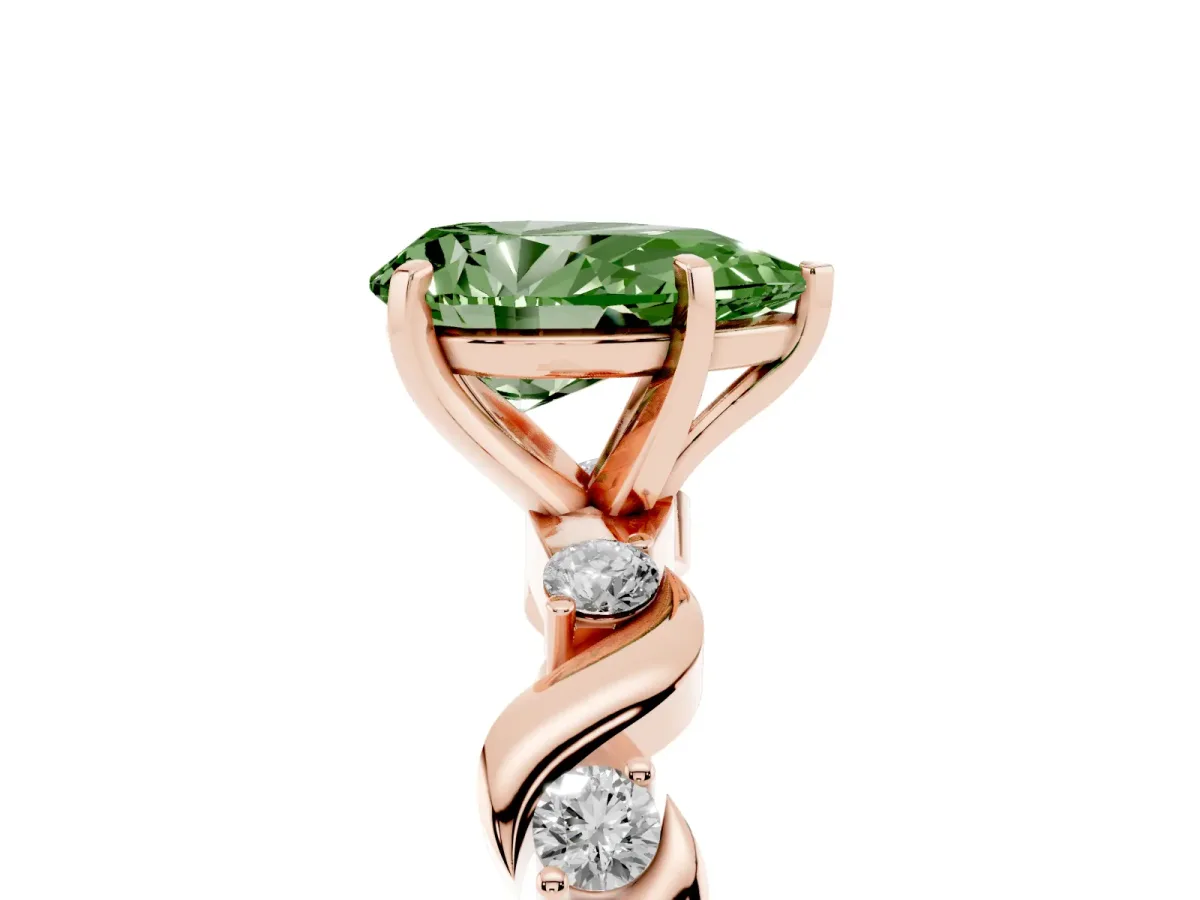 Fancy Green Pear Cut Diamond Solitaire Twisted Band with Round Accents and Prong Setting Rose gold