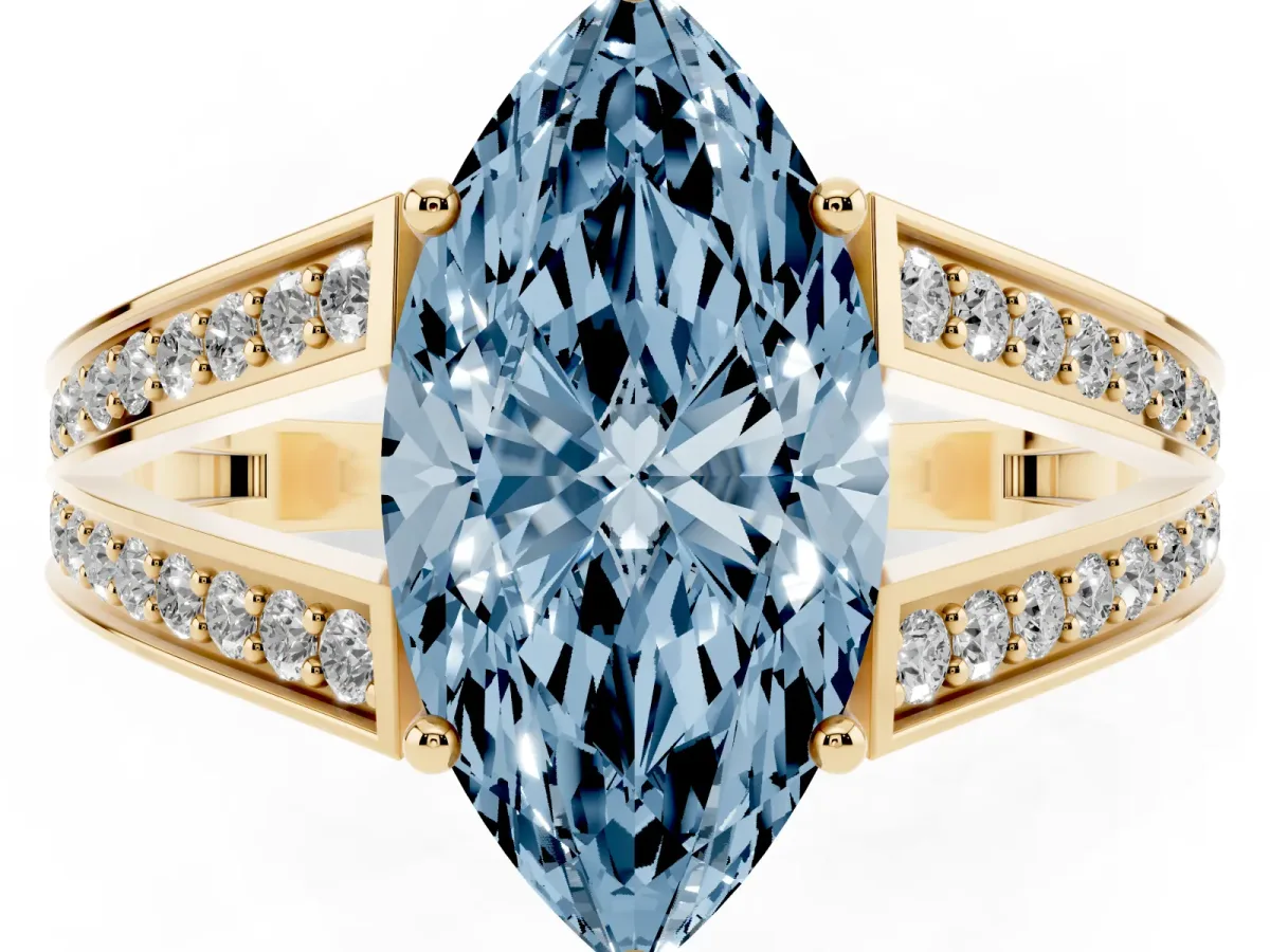 Fancy Blue Marquise Cut Diamond Split Shank Ring with Pavé Band and Four-Prong Setting Yellow gold