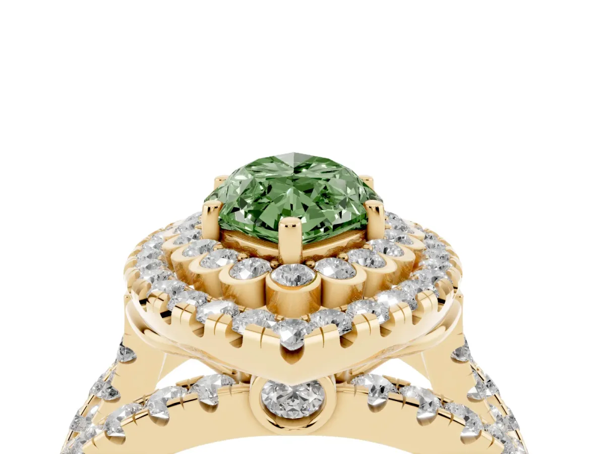 Fancy Green Marquise Cut Diamond Double Halo Ring with Round Pavé Split Shank and Prong Setting Yellow gold