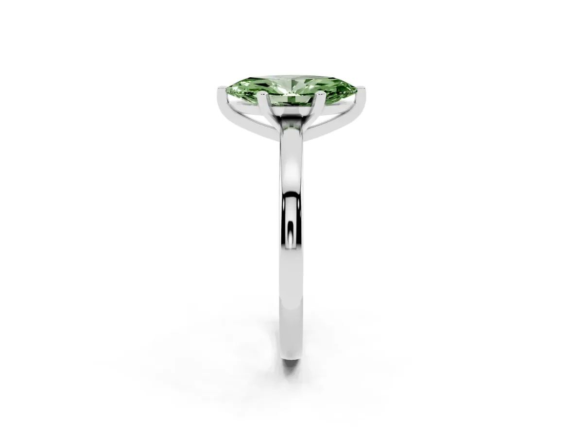 Fancy Green Marquise Cut Solitaire Diamond Engagement Ring with Four-Prong Setting on a Classic Band Silver