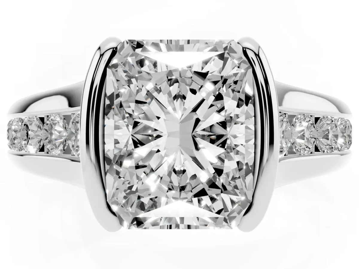 Radiant Cut Solitaire Bezel-Set Diamond Ring with Channel-Set Band Platinum