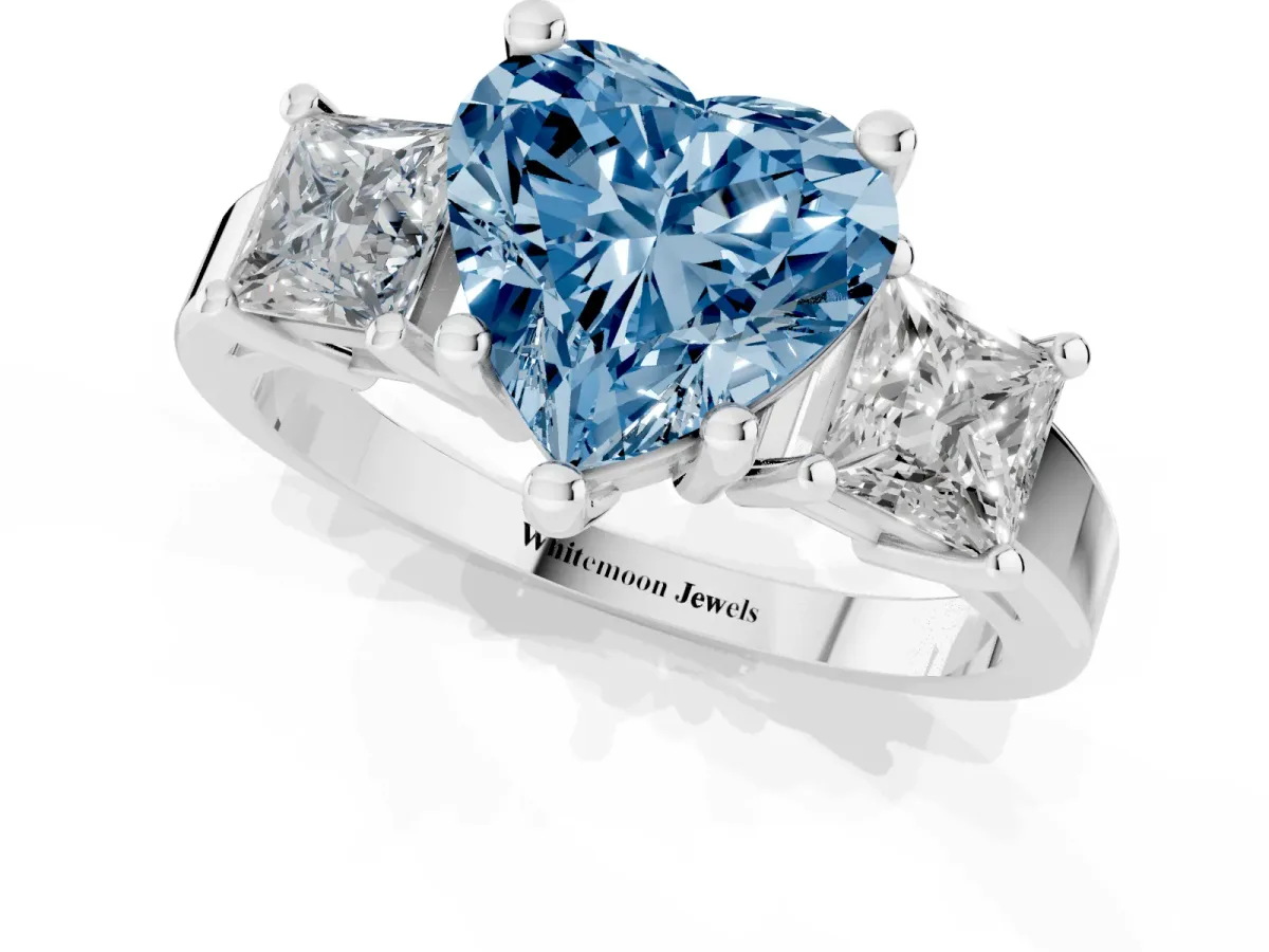 Fancy Blue Three-Stone Heart Cut Cut Solitaire Ring with Prong Setting Silver