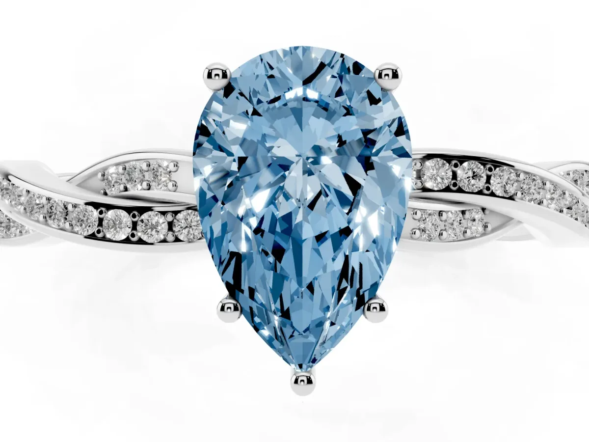 Fancy Blue Pear Cut Solitaire Twisted Pave Diamond Ring with Four-Prong Setting Silver