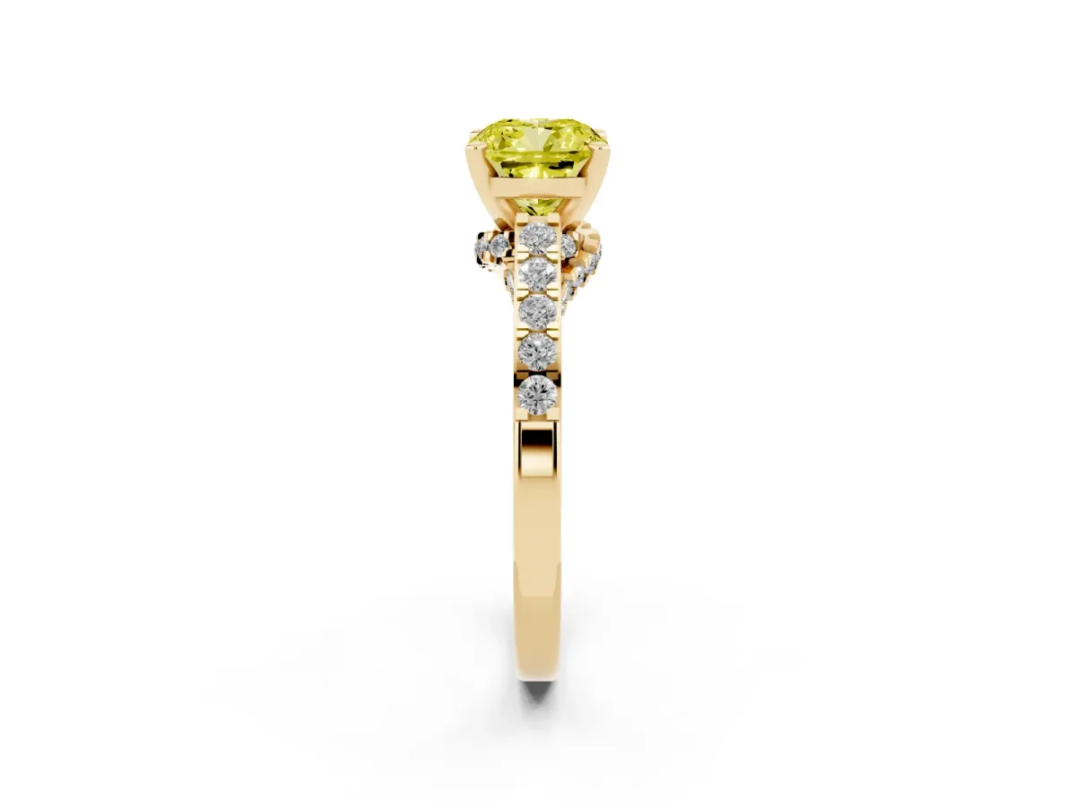Fancy Yellow Cushion Cut Diamond Solitaire Ring with Crossover Gallery and Round Pavé Band Yellow gold