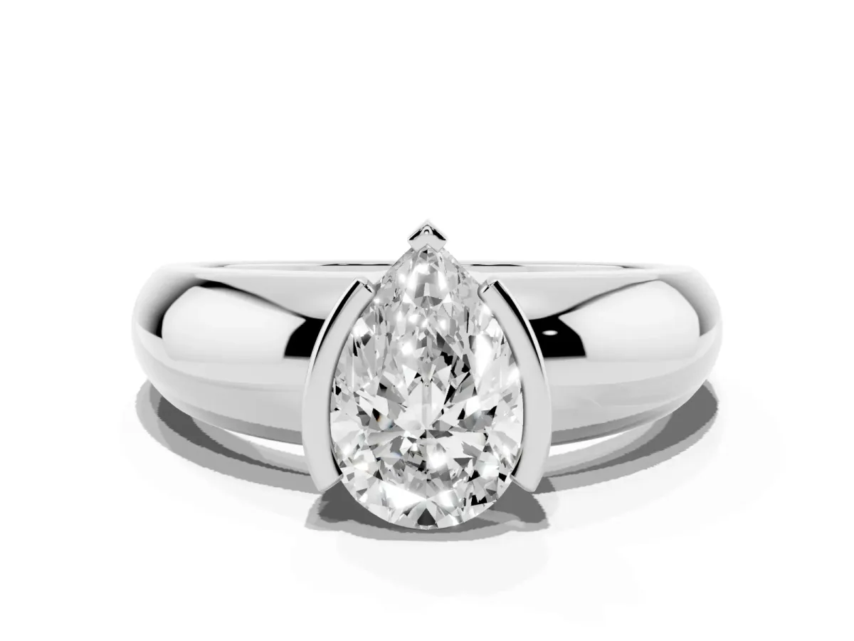 Pear Cut Solitaire Tension Set Diamond Ring with Wide Band Platinum