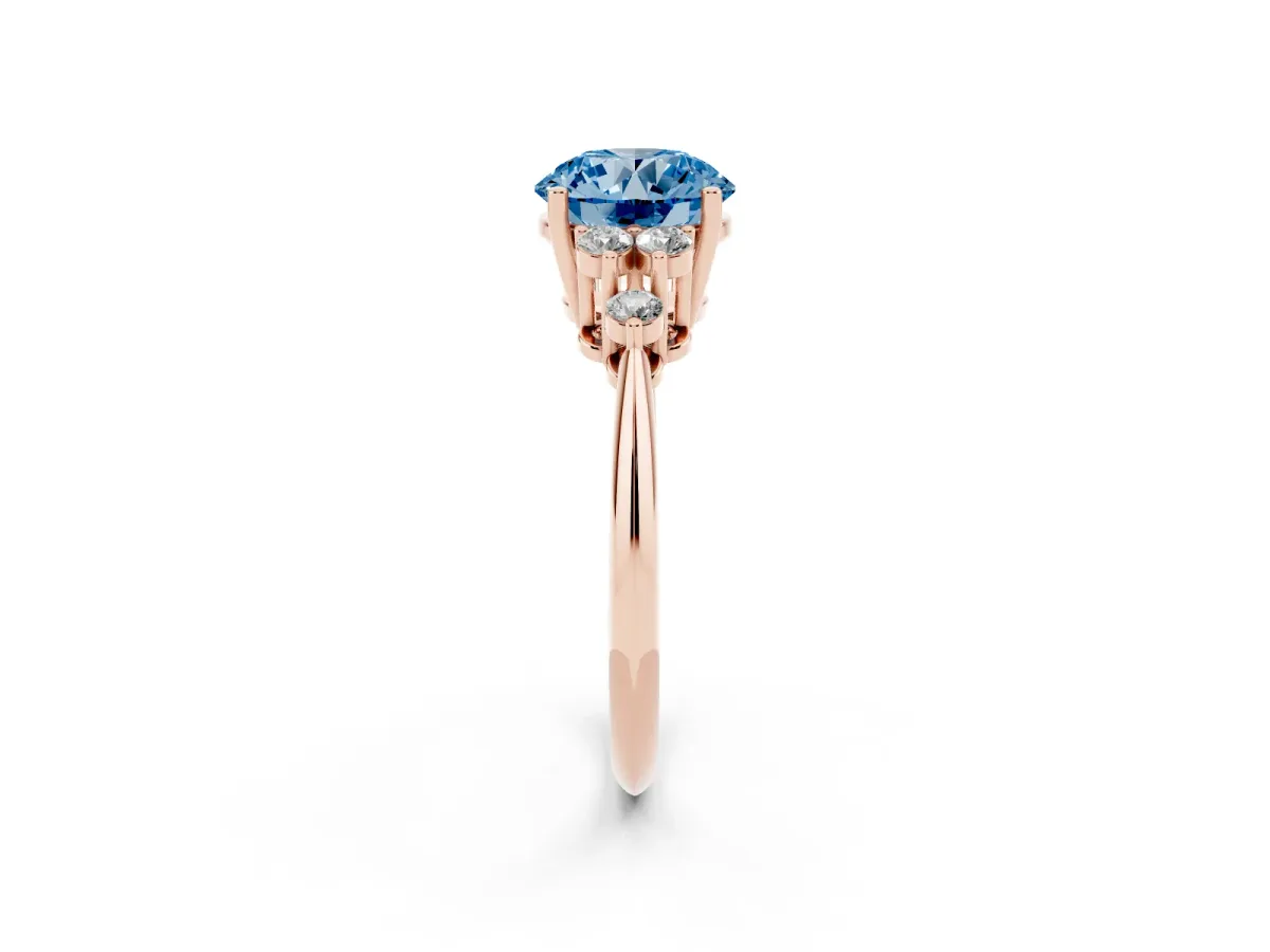 Fancy Blue Round Cut Cut Diamond Cluster Ring with Solitaire Band and Four-Prong Setting Rose gold