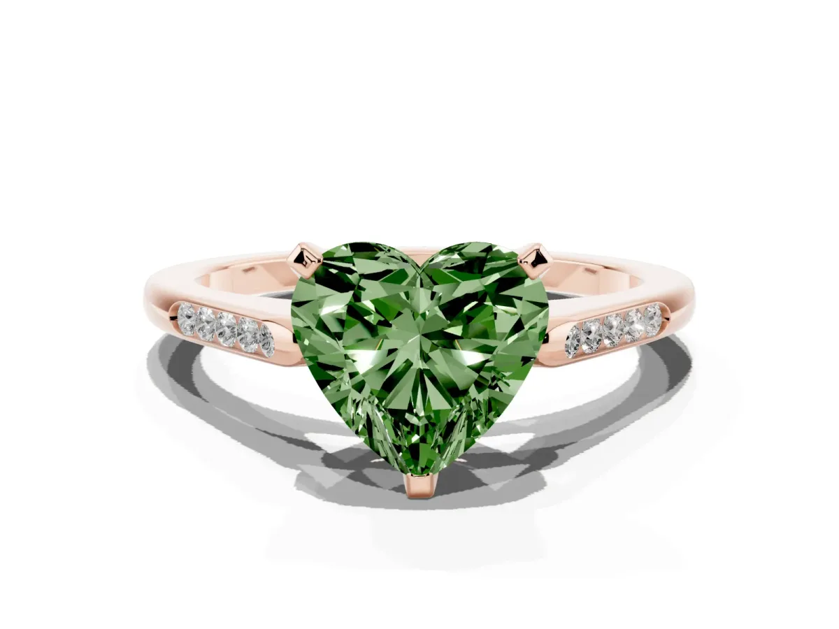 Fancy Green Heart Cut Diamond Solitaire Ring with Channel Set Round Band and Prong Setting Rose gold