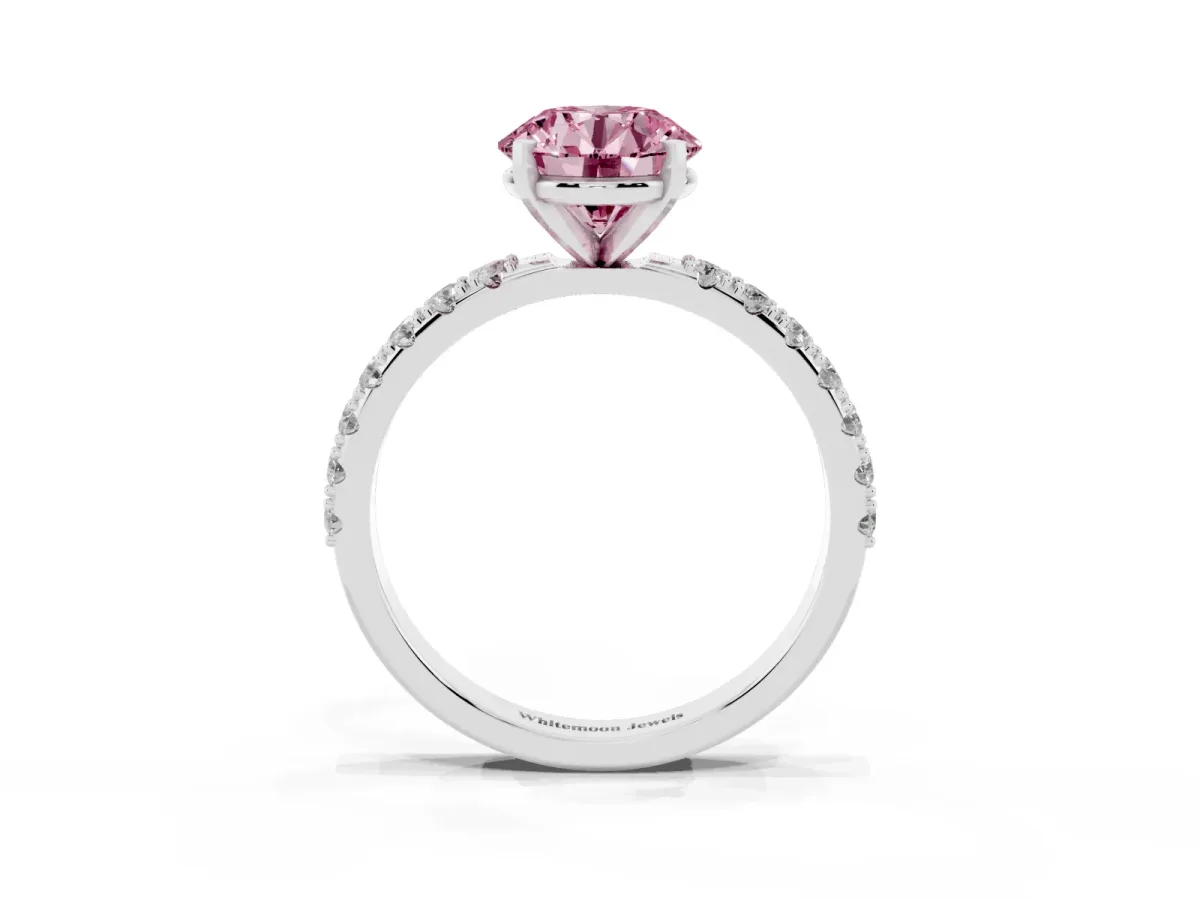 Fancy Pink Round Cut Diamond Solitaire Pavé Band with Four-Prong Setting Platinum
