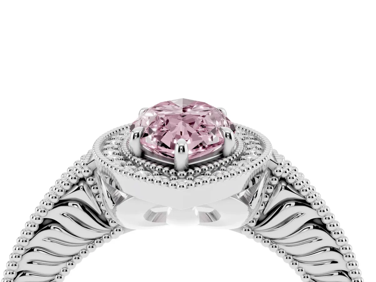 Fancy Pink Marquise Cut Cut Halo Diamond Ring with Pavé Band and Four-Prong Setting Platinum