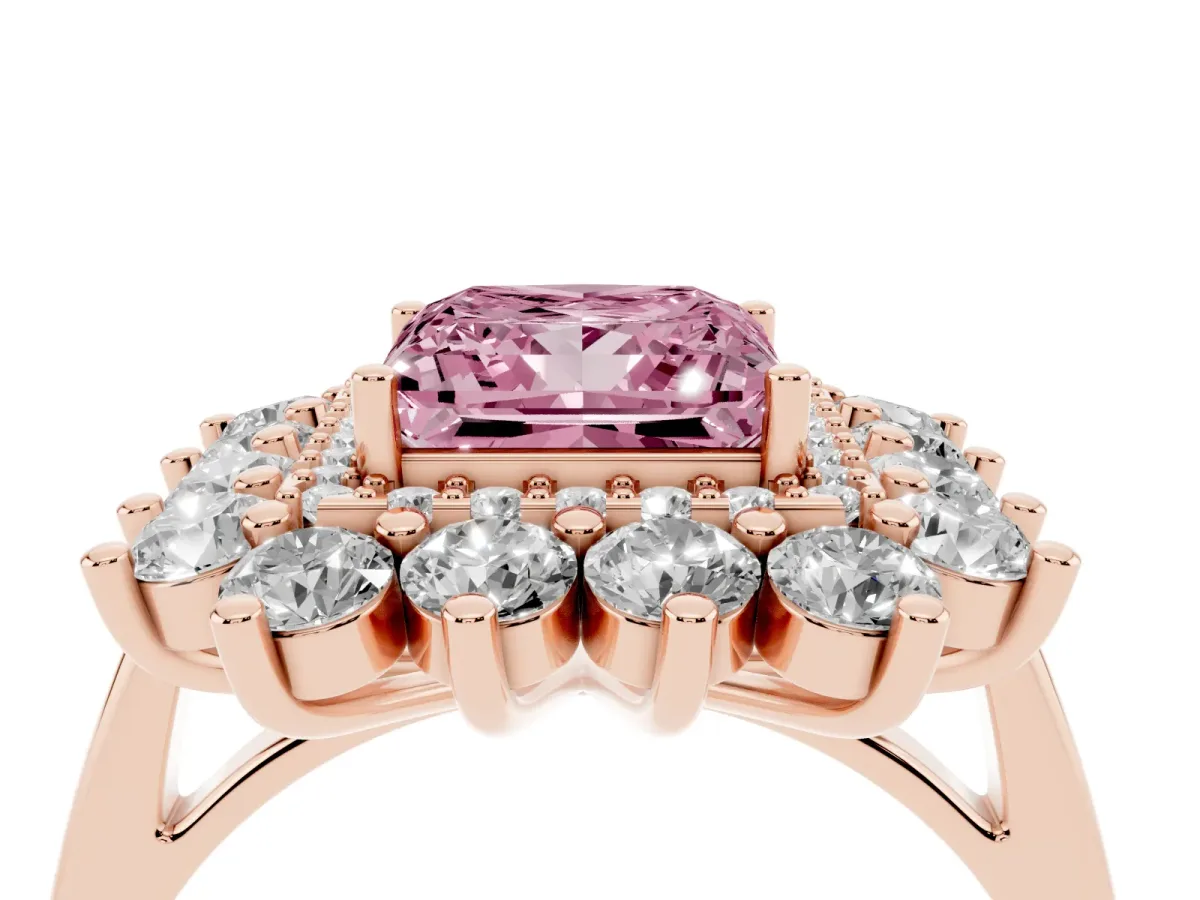 Fancy Pink Princess Cut Diamond Floral Double Halo Engagement Ring with Prong Setting Rose gold