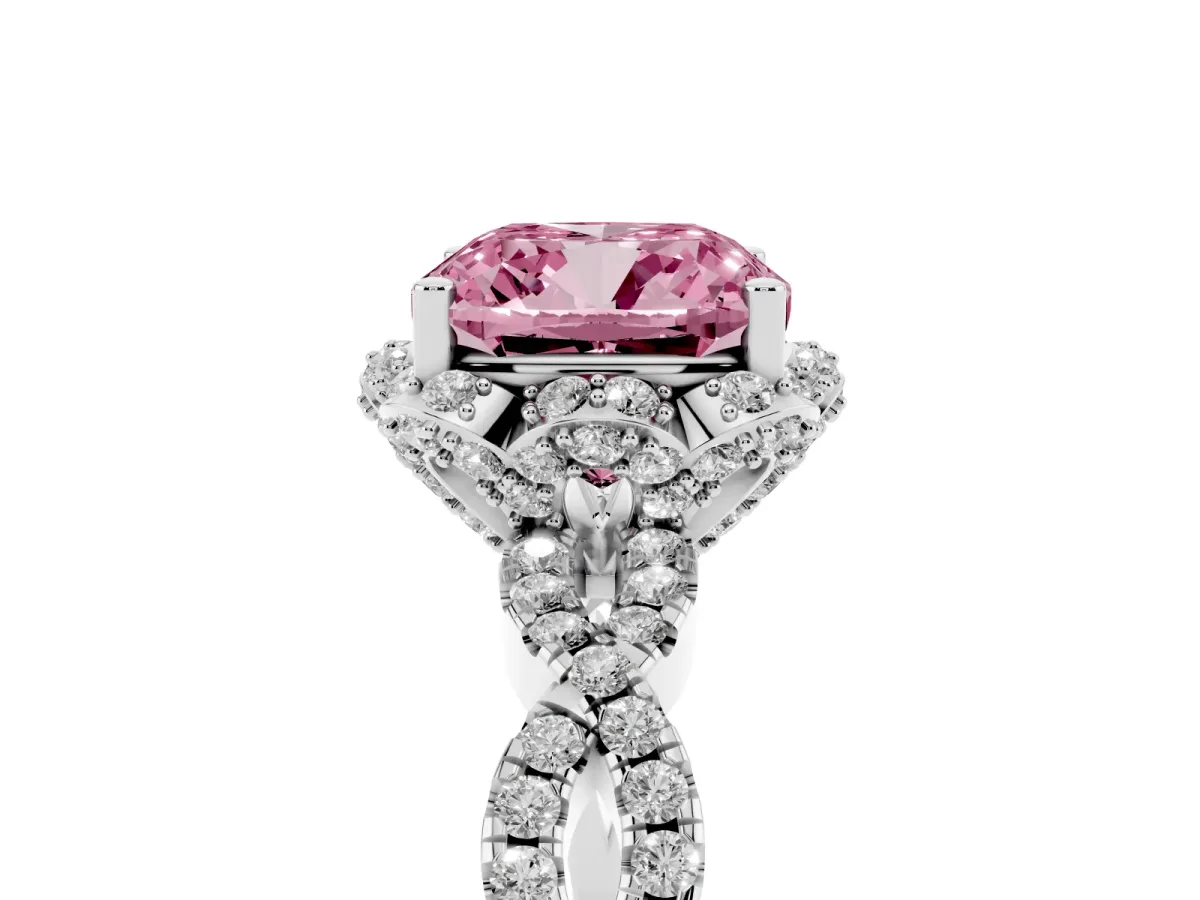 Fancy Pink Cushion Cut Halo Twist Band Solitaire Ring with Six-Prong Setting White gold