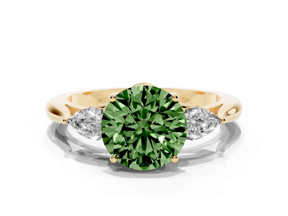 Fancy Green Round Cut Diamond Three-Stone Ring with Pear Side Stones and Prong Setting Yellow gold