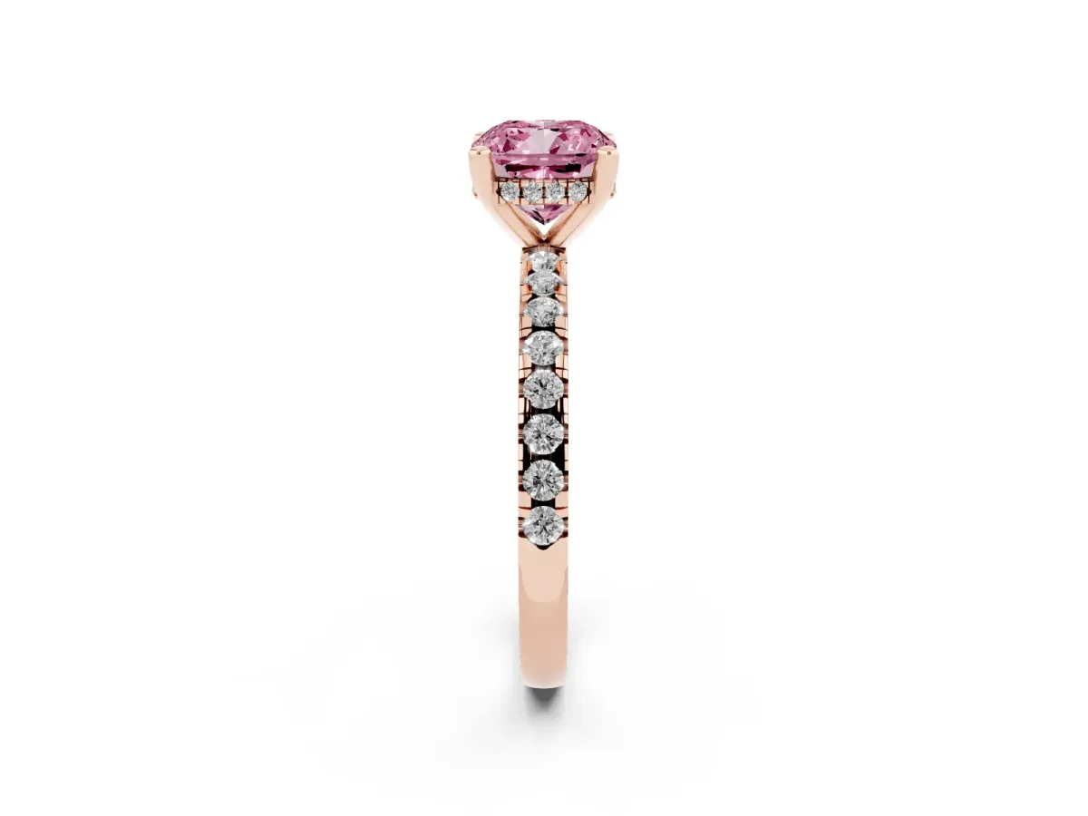 Fancy Pink Cushion Cut Diamond Solitaire Ring with Round Pavé Band and Four-Prong Setting Rose gold