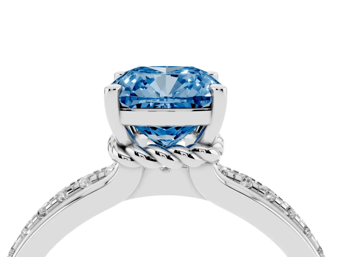 Fancy Blue Cushion Cut Solitaire Diamond Ring with Channel Set Band and Six-Prong Setting Platinum