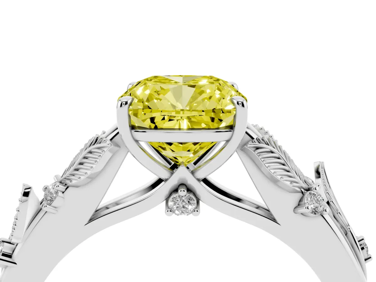 Fancy Yellow Cushion Cut Diamond Solitaire Ring with Leaf Motif Band and Four-Prong Setting Platinum