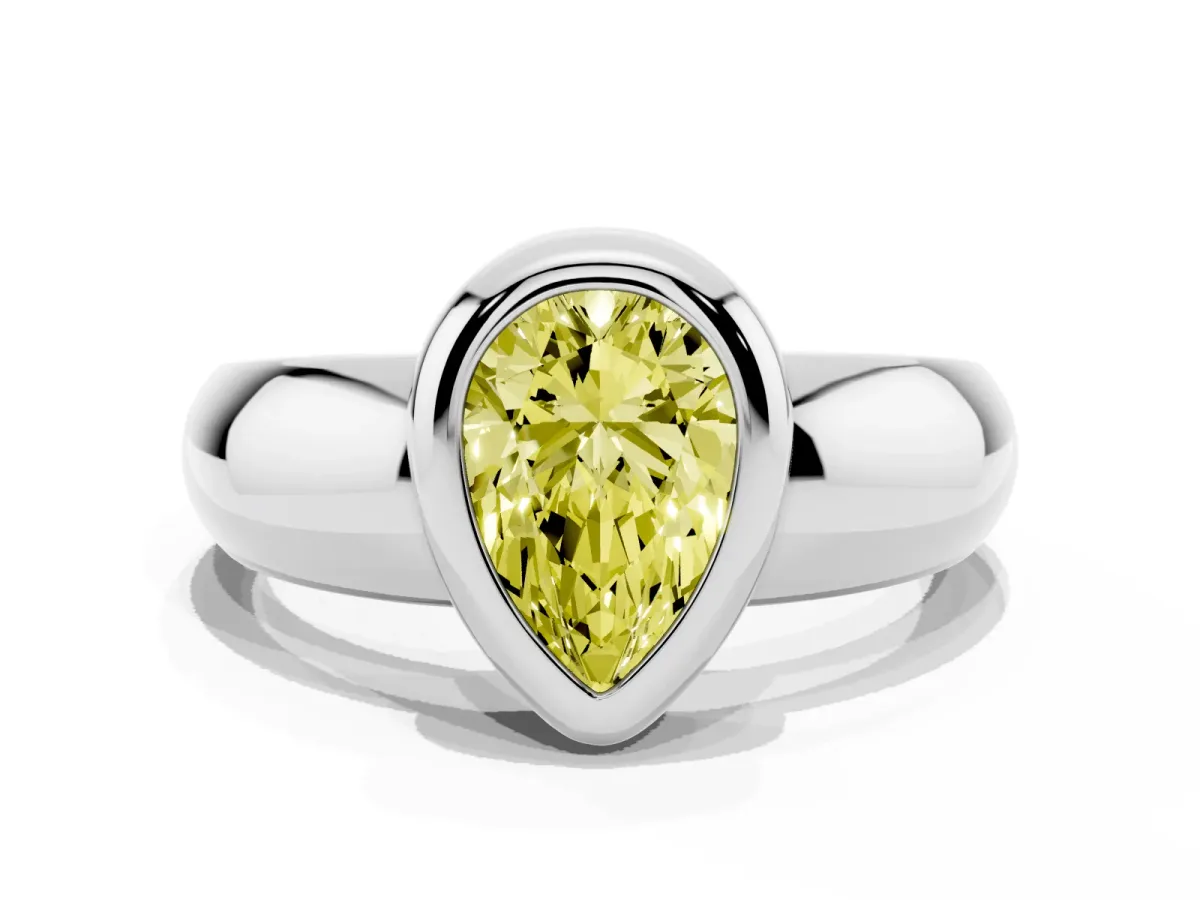 Fancy Yellow Bezel Set Pear Cut Solitaire Ring with Wide Band Silver