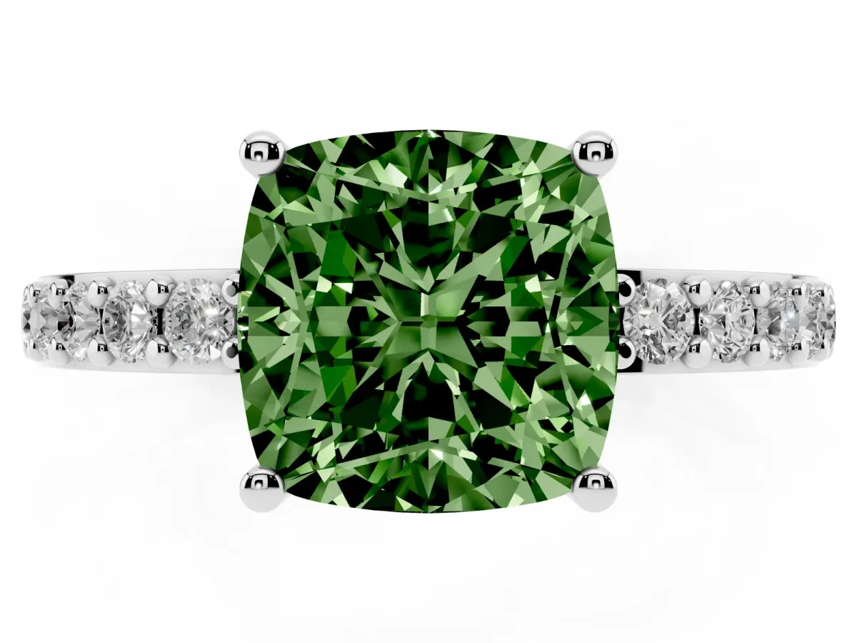 Fancy Green Cushion Cut Cut Diamond Solitaire with Pave Band and Four-Prong Setting Silver