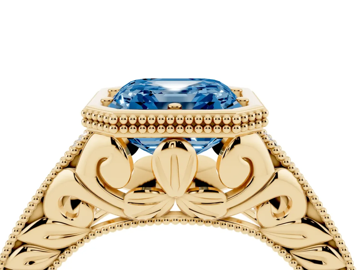 Fancy Blue Bezel Set Asscher Cut Diamond Milgrain Pave Engagement Ring Yellow gold