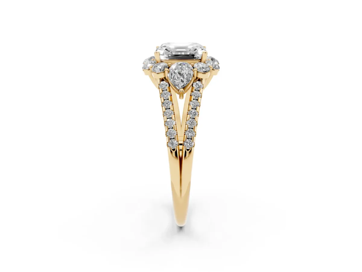 Asscher Cut Halo Split Shank Diamond Engagement Ring with Prong Setting Yellow gold