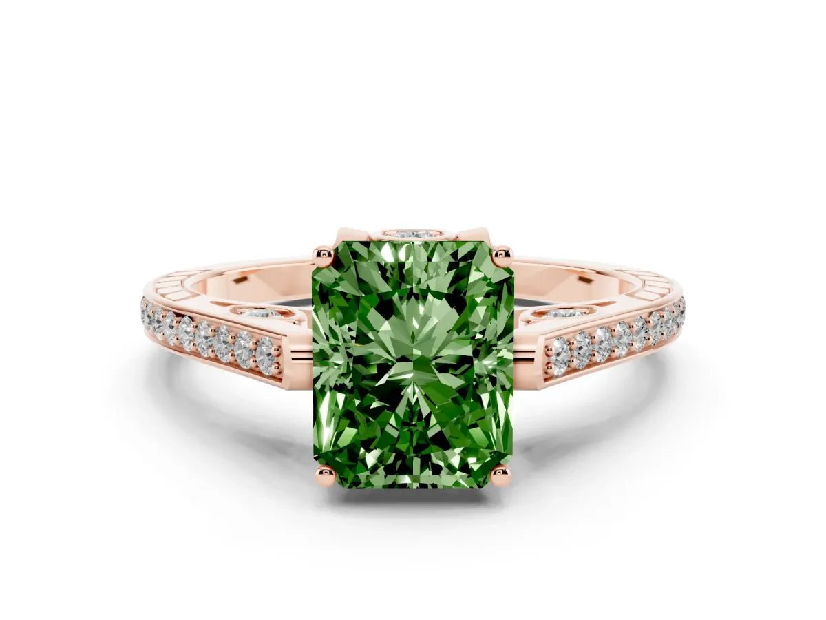 Fancy Green Radiant Cut Cut Cathedral Pave Diamond Engagement Ring with Six-Prong Setting Rose gold