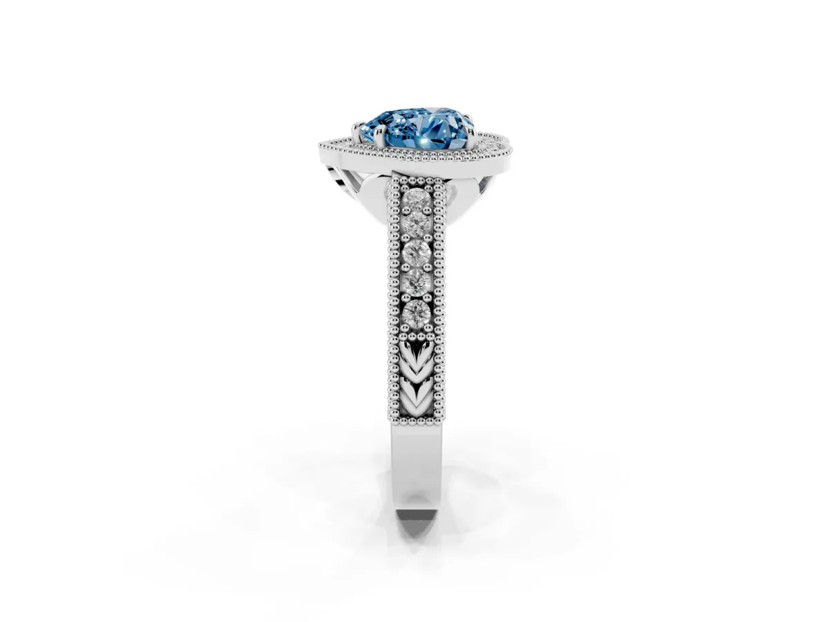 Fancy Blue Heart Cut Cut Halo Diamond Ring with Pavé Band and Four-Prong Setting Silver