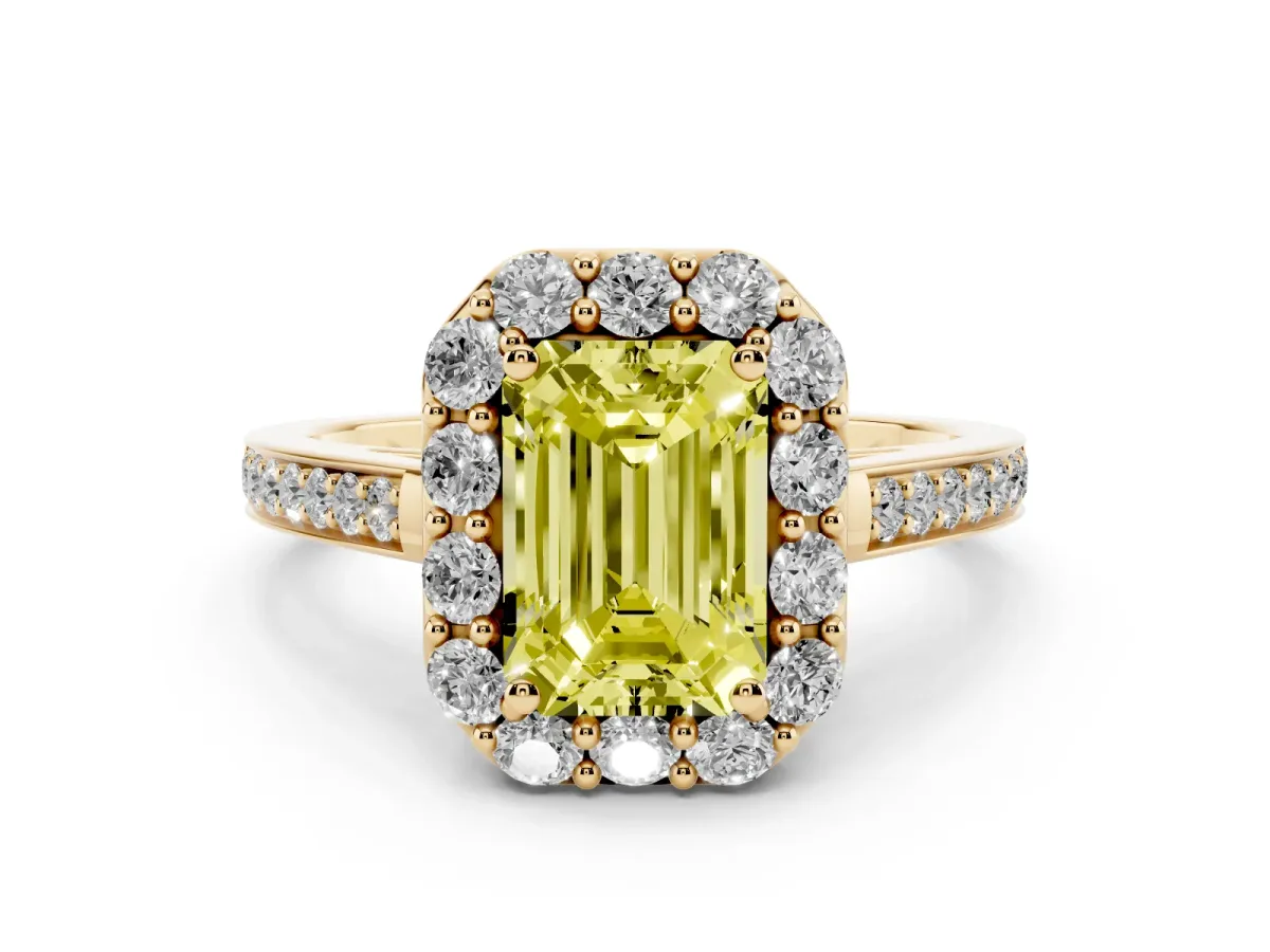 Fancy Yellow Emerald Cut Diamond Floral Halo Ring with Pavé Band and Prong Setting Yellow gold
