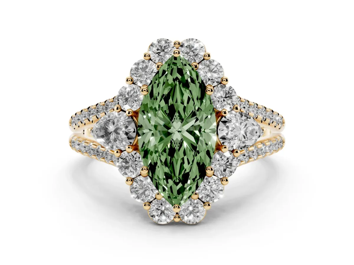 Fancy Green Marquise Cut Halo Split Shank Diamond Engagement Ring with Prong Setting Yellow gold