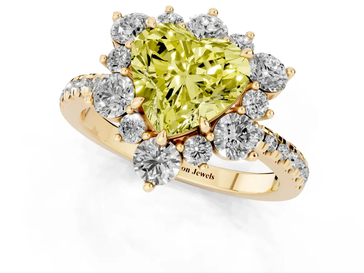 Fancy Yellow Heart Cut Diamond Floral Halo Ring with Round Pavé Band and Prong Setting Yellow gold