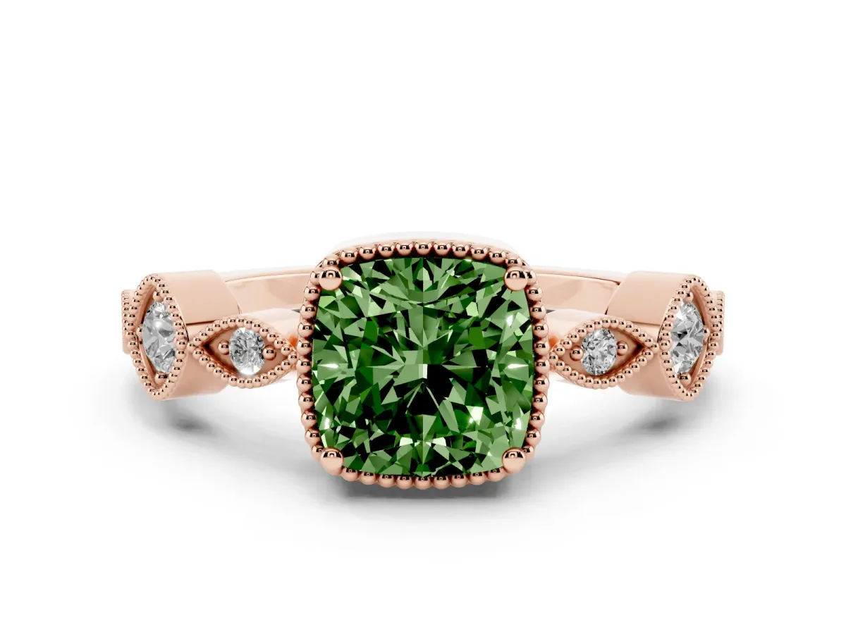 Fancy Green Cushion Cut Diamond Vintage Milgrain Ring with Round Stations Rose gold