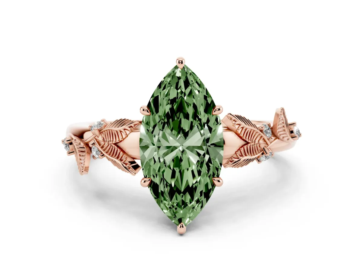 Fancy Green Marquise Cut Diamond Solitaire Ring with Leaf Motif Band and Four-Prong Setting Rose gold