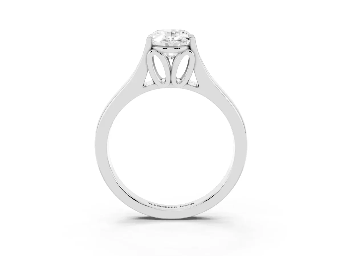 Oval Cut Solitaire Diamond Ring with Cathedral Band and Four-Prong Setting Silver