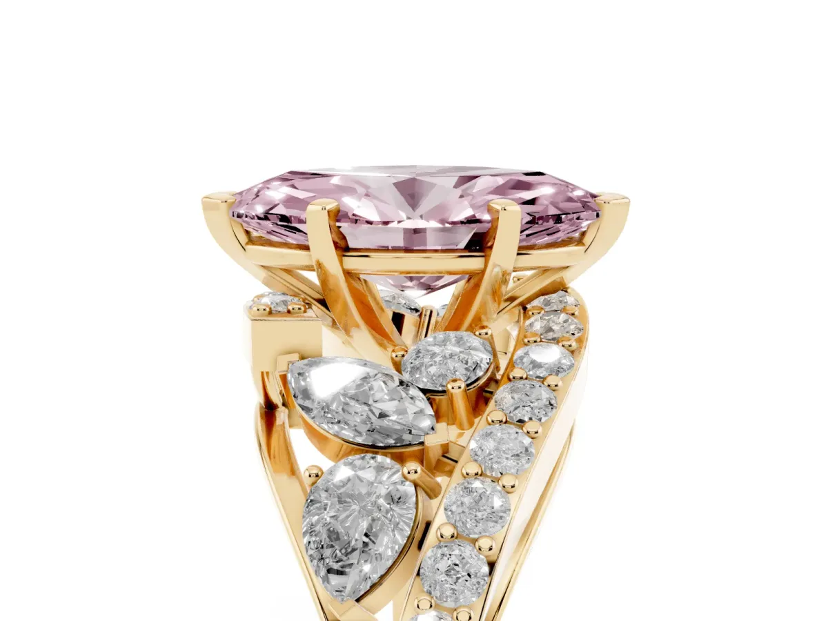 Fancy Pink Marquise Cut Diamond Halo Ring with Marquise and Pavé Band in Prong Setting Yellow gold