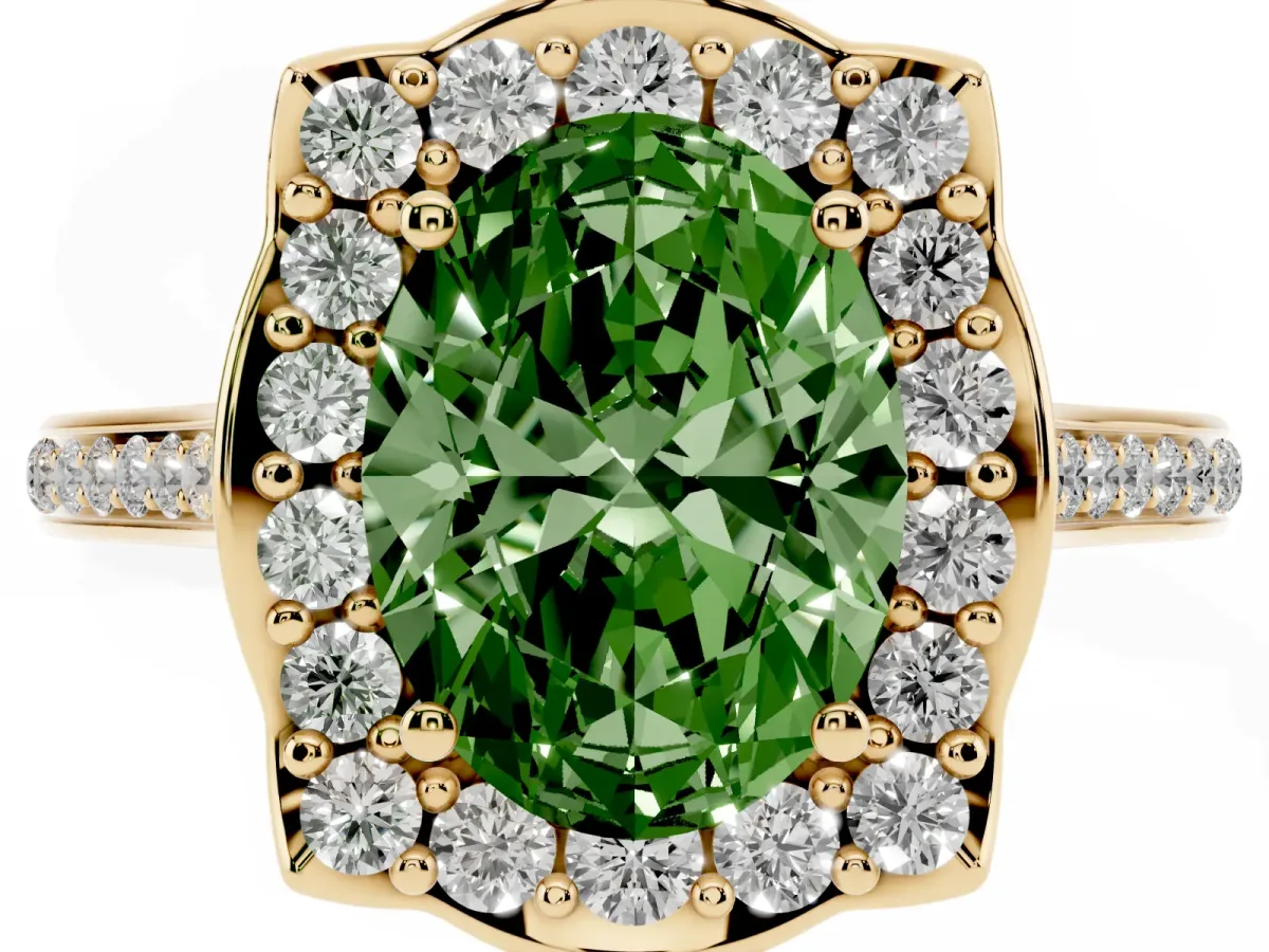Fancy Green Oval Cut Halo Round Diamond Pave Band with Four-Prong Setting Yellow gold
