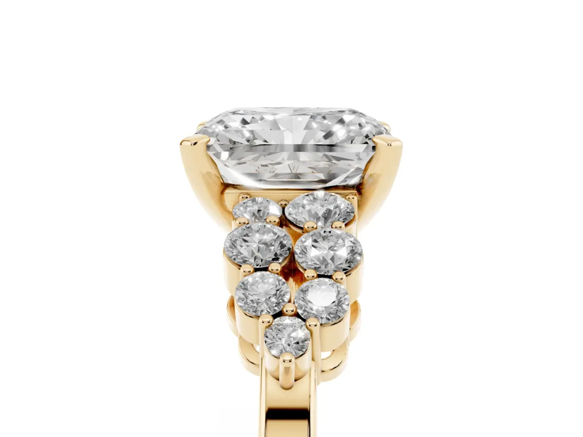 Radiant Cut Cluster Diamond Engagement Ring with Pavé Band and Four-Prong Setting Yellow gold