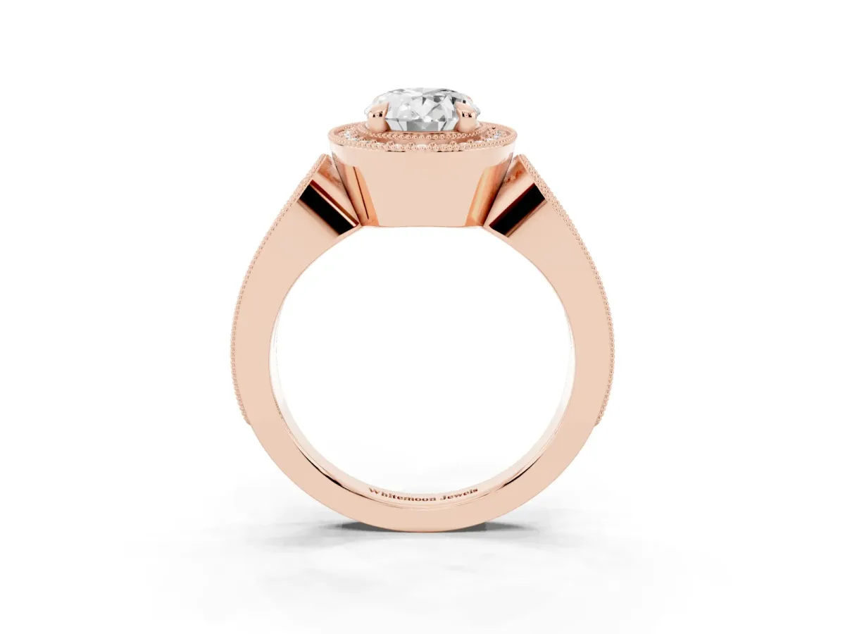 Oval Cut Halo Split Shank Milgrain Diamond Ring Rose gold