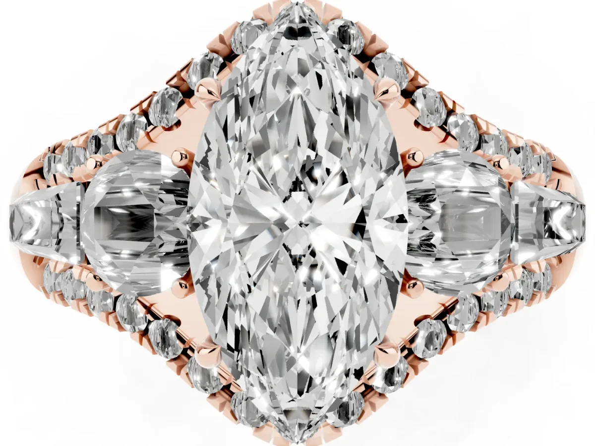 Three-Stone Marquise Cut Diamond Engagement Ring with Pave Band and Prong Setting Rose gold
