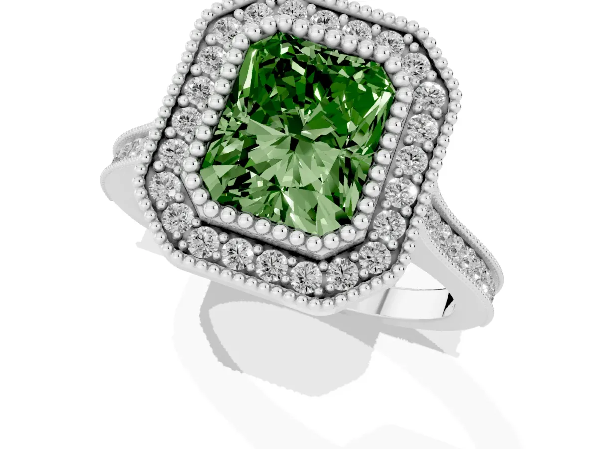 Fancy Green Radiant Cut Diamond Halo Ring with Milgrain Frame and Pavé Band White gold